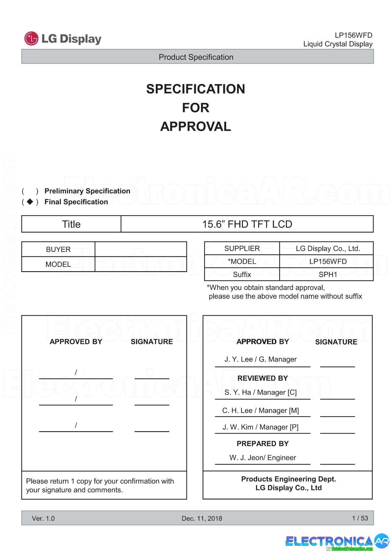 LP156WFD-SPH1 Datasheet